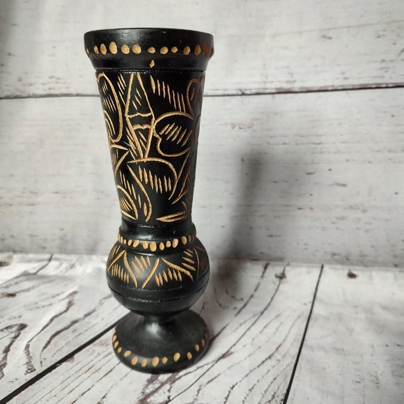 Handcarved Base Glazed Wooden Footed Featuring Beautiful Flower 8” - Picture 3 of 6